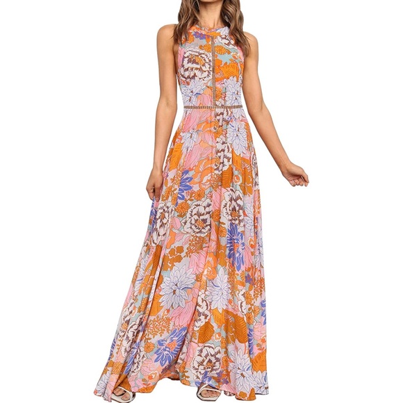 Summer Halter Neck Floral Print Backless Split Beach Party Maxi Dress,Tangerine - Picture 1 of 5